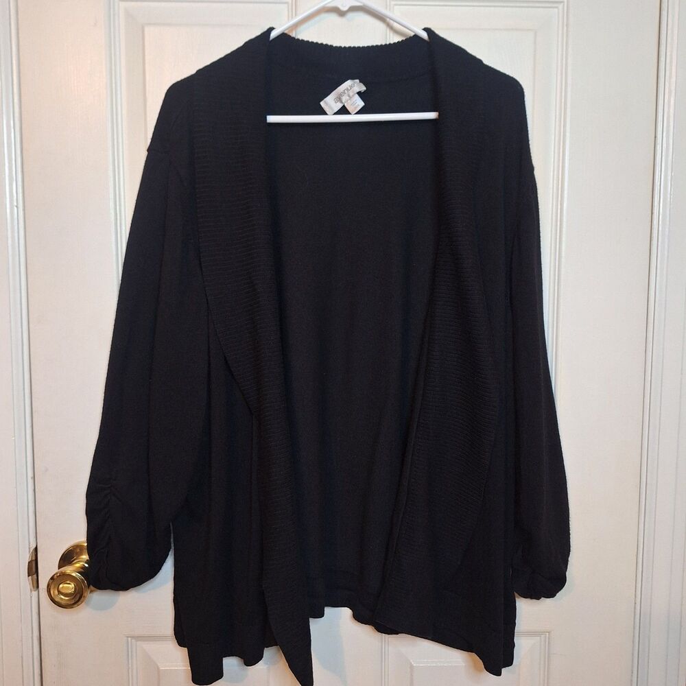 Avenue Black Ruched Three Quarter Sleeve Open Front Cardigan Minimalist Sz 26/28